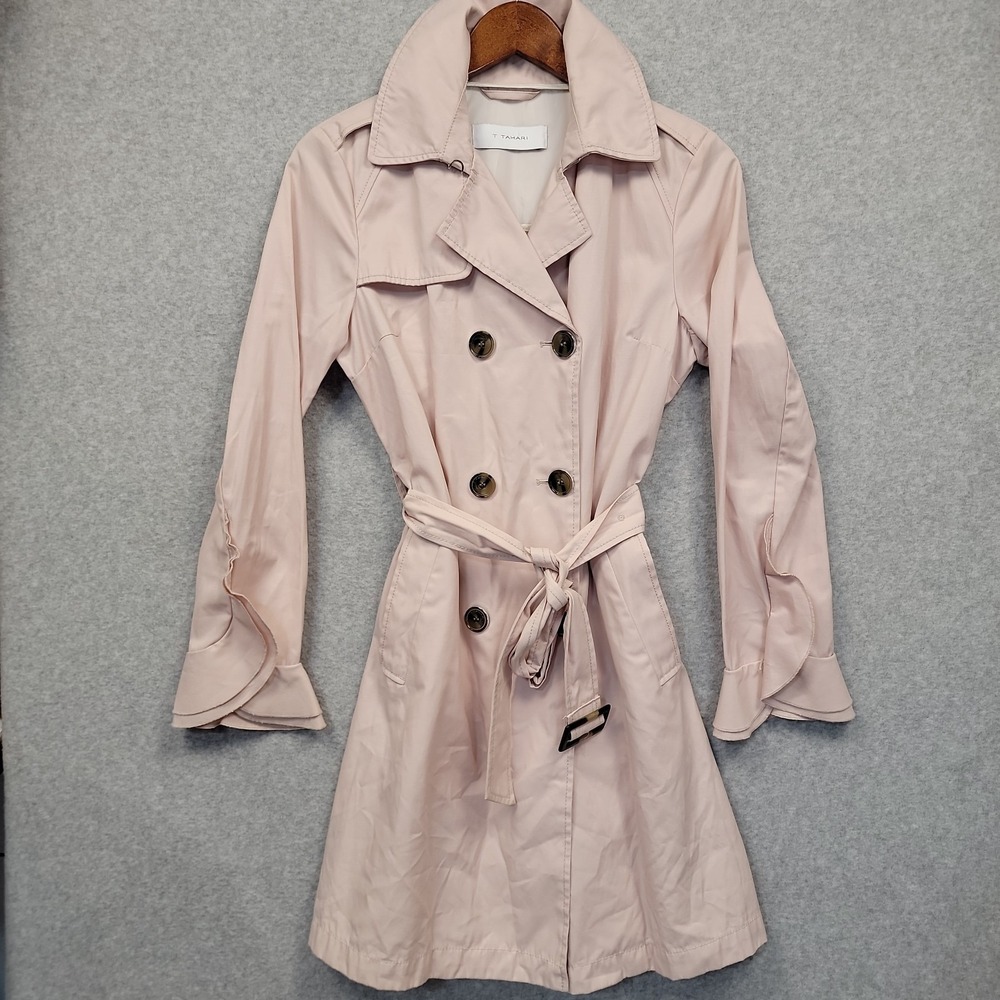 T Tahari Belted Double Breasted Trench Coat Soft‎ Pink Classic Ruffles Belt Sz M